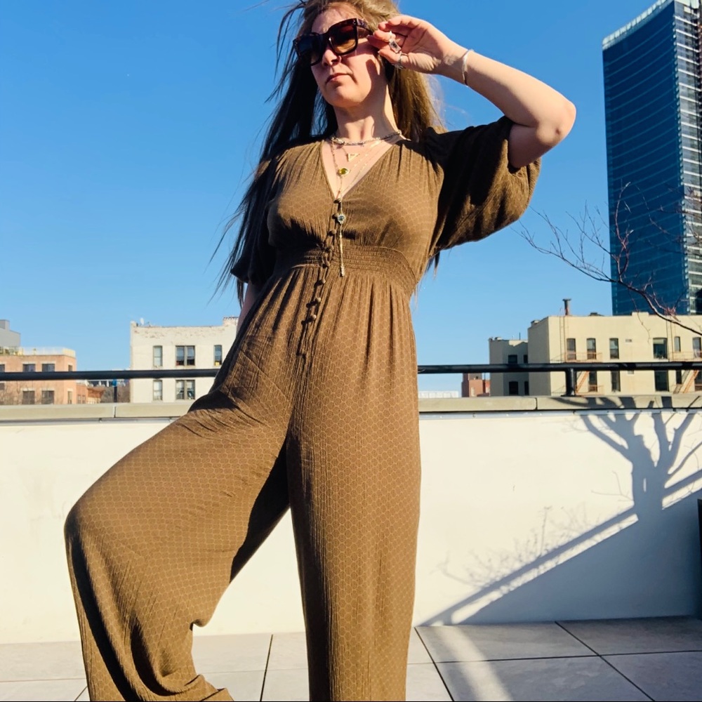 UO Vintage Bell Sleeve V-neck Earthy Jumpsuit Long Legs